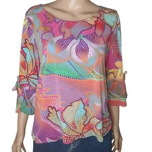 Clara Sun Woo M Abstract Dot Print Top 3/4 Sleeve Stretch Travel Tie Sleeve USA